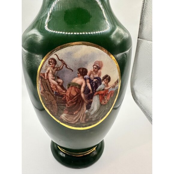 Vintage French Limoge Green Porcelain Vase With Classical Renaissance Courting - Picture 4 of 10